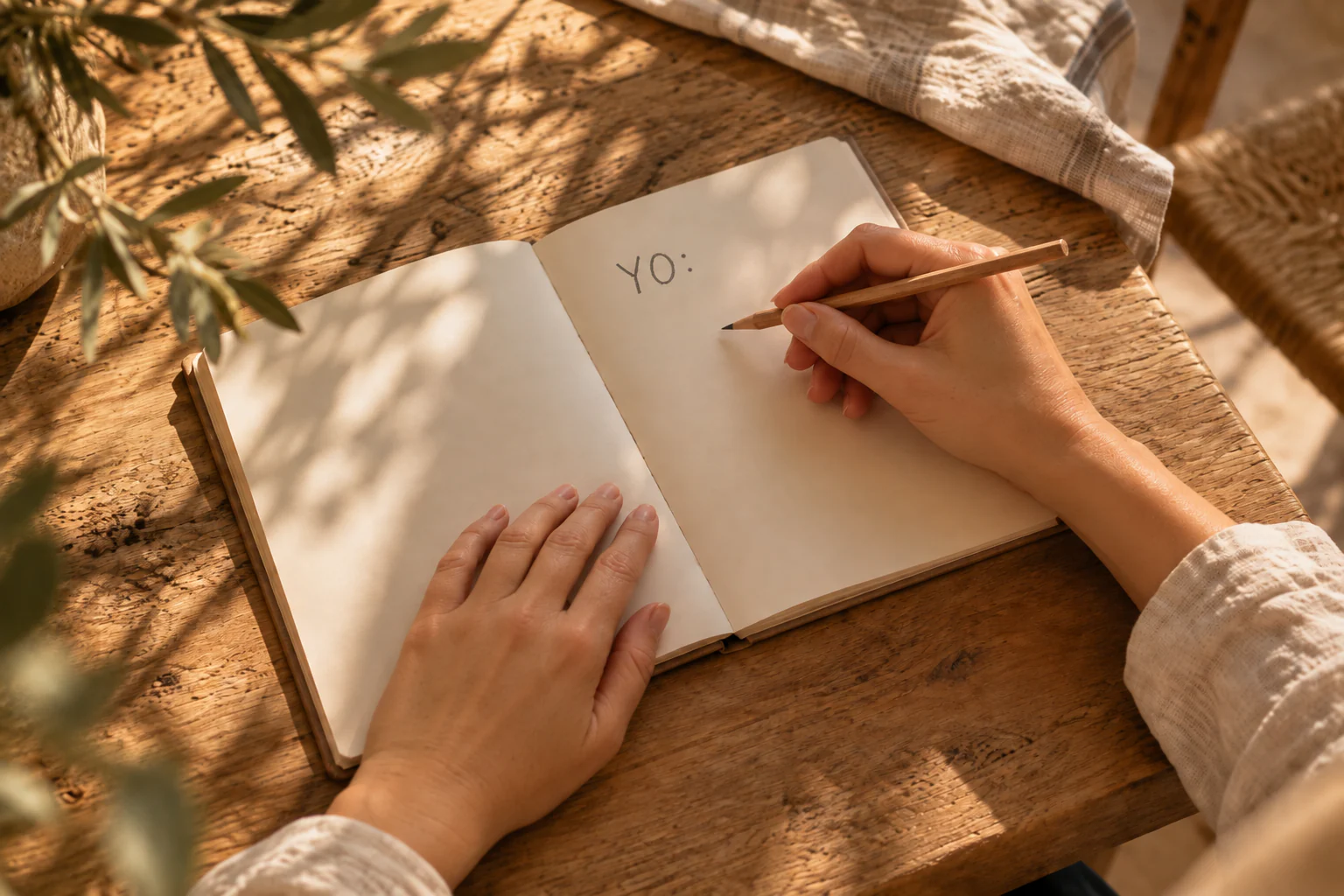 Manos escribiendo a lápiz en un cuaderno abierto con la palabra YO