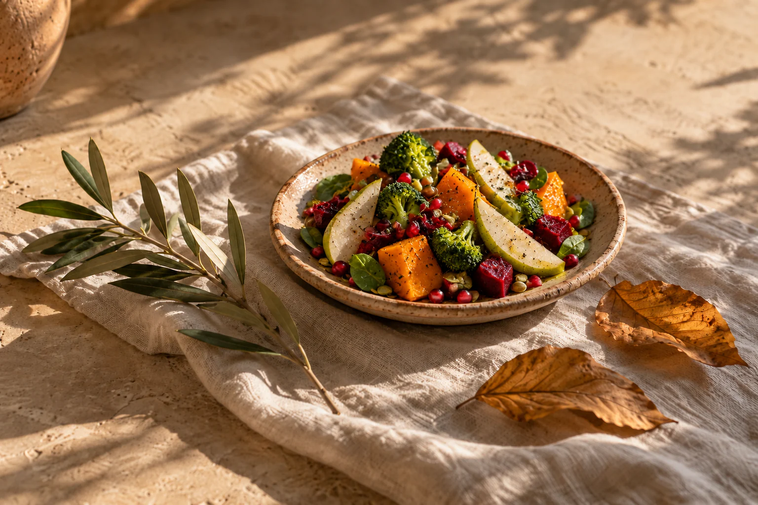 Plato con calabaza, brócoli, remolacha, pera y granada sobre lino natural