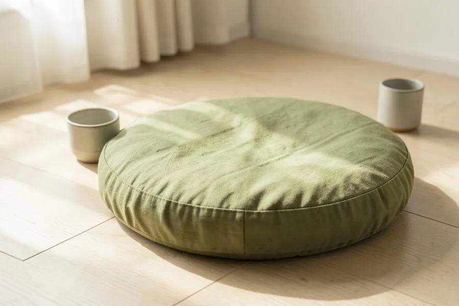 Cojín de lino verde oliva y cerámica sobre suelo de madera