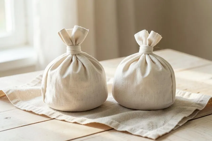 Dos bolsas redondeadas de algodón atadas con asas de tela